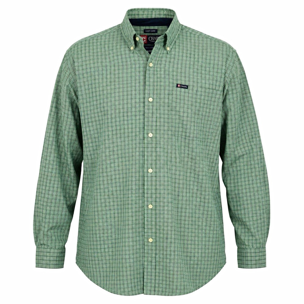Chaps Big & Tall XLT Green Plaid Long Sleeve Button-Up Shirt Easy Care Pockets